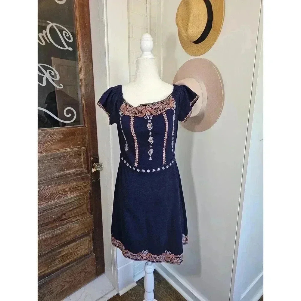 Tory Burch Women's Size S Nell Embroidered Off The Shoulder Navy Dress